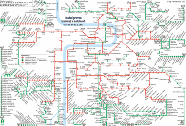 Prague Night Tram and Bus Lines Map