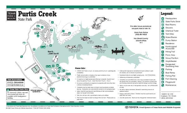 Purtis Creek, Texas State Park Facility and Trail Map