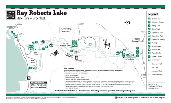 Ray Roberts-Greenbelt Corridor, Texas State Park Facility and Trail Map