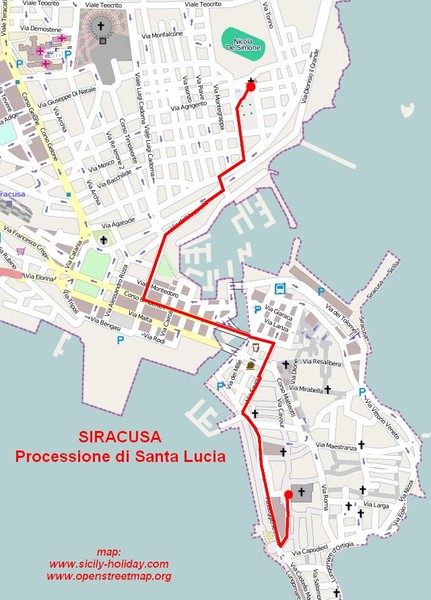 Saint Lucy's procession in Syracuse Map