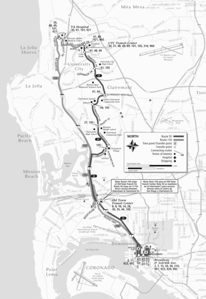 San Diego Bus Routes 50 and 150 Map