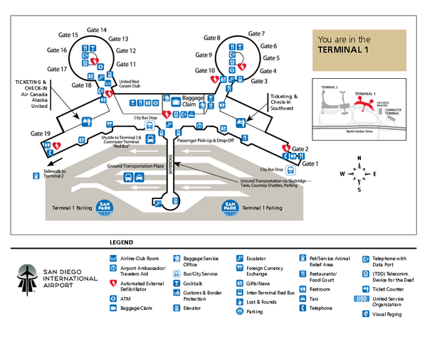San Diego International Airport Terminal 1 Map - San Diego CA 92138