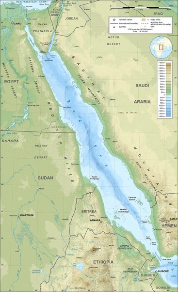 Saudi Arabia topography on Red sea coast Map