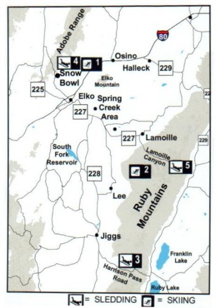 Skiing and Sledding in Elko County, Nevada Map
