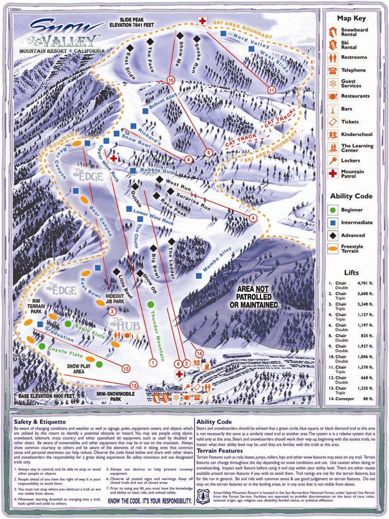 Snow Valley Ski Trail Map 35100 Highway 18 Running Springs CA 92382
