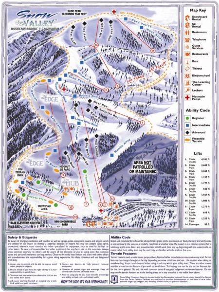 Snow Valley Ski Trail Map 35100 Highway 18 Running Springs Ca