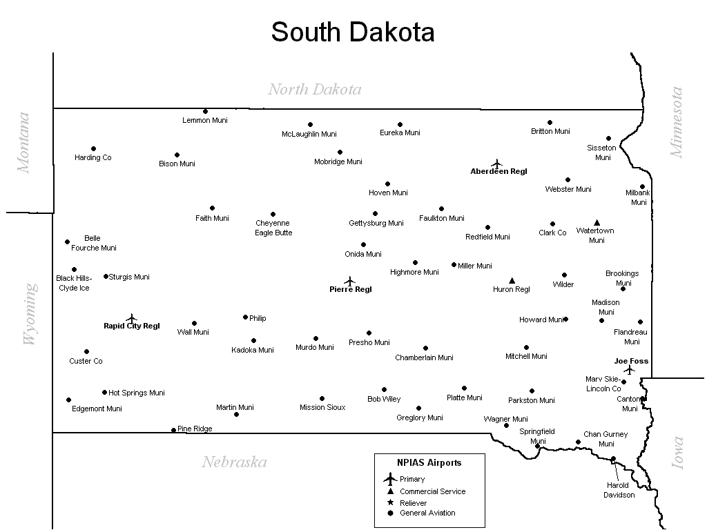 South Dakota Airports Map from mappery