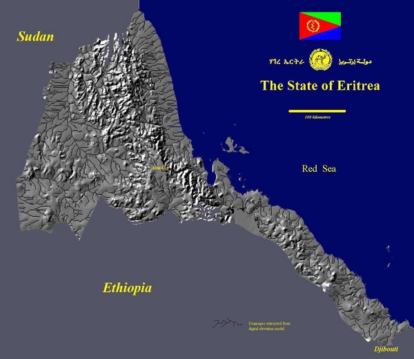 State of Eritrea Drainage and Elevation Map