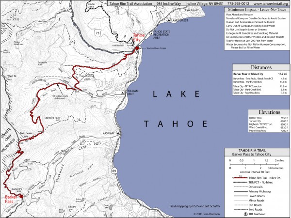 Tahoe Rim Trail: Barker Pass to Tahoe City Map