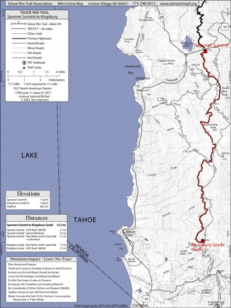 Tahoe Rim Trail: Spooner Summit to Kingsbury North, Lake Tahoe, California Map