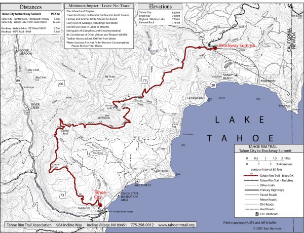 Tahoe Rim Trail: Tahoe City to Brockway Summit Map