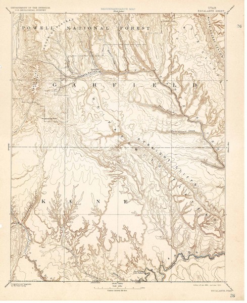 Topo Map of Escalante Quadrant, UT circa 1886