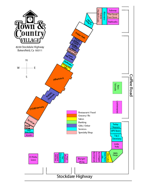 Town & Country Village Shopping Center in Bakersfield, California Map