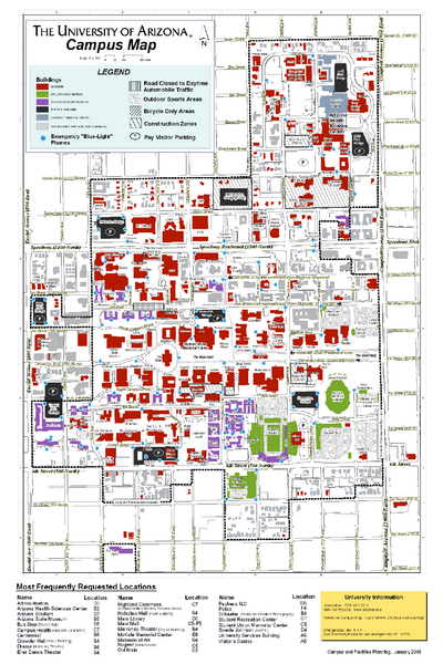 University Of Arizona Campus Map Tucson Arizona Mappery