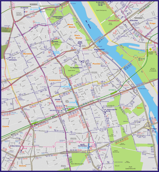 Warsaw City with Bus Routes Map