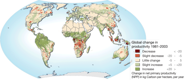 World map of changes in land primary productivity 1981-2003 - land degradation and greening