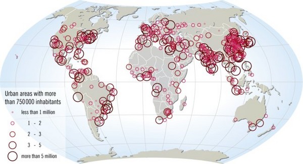 World map of large urban areas in 2005