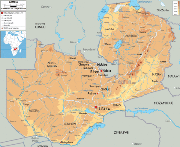Zambia physical Map